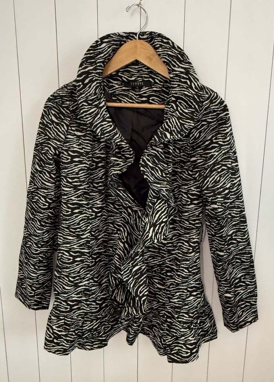 Sandro Studio Zebra Print Ruffle Jacket Size S Black White Peplum